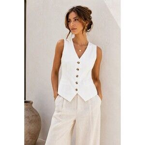 PrettyGarden White Sleeveless Button Front Vest Top Coastal Tailored Size S NWT